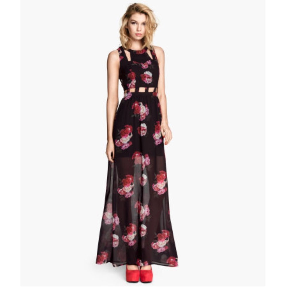 Black Flowy Rose Floral Cut-out Maxi Dress | Size S